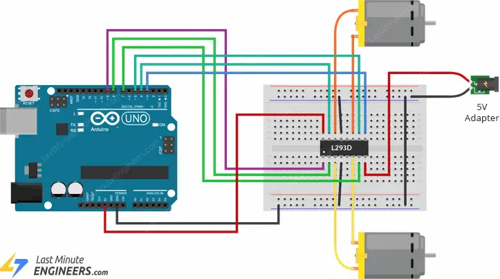 Conexão do CI do driver do motor L293D com motores DC Arduino